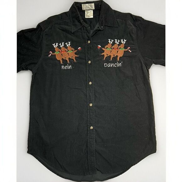 Mandal Bay Tops - Mandal Bay Women's Black Corduroy Long Sleeve Shirt w/Rein Dancing Size S/M